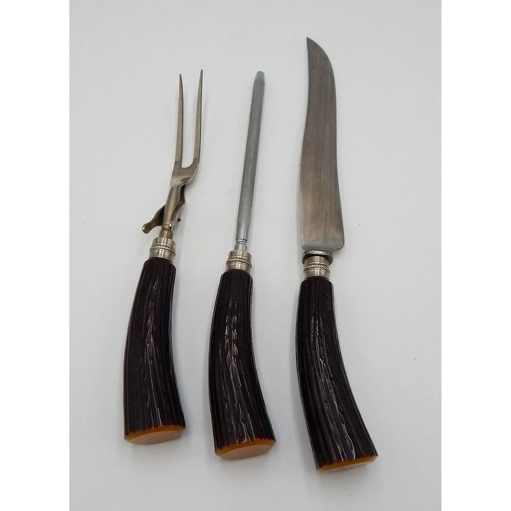 Latham & Owen Faux Elk Horn Carving Knife W/ Fork And Sharpener 3 Piece Set